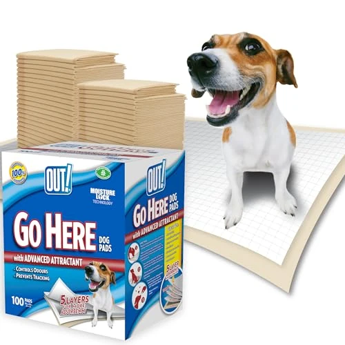 Limited-time offer: OUT! Go Here Absorbent Pet and Puppy Training Pads 100 Disposable Pads. 53 x 55cm. 5 layer leak-proof odour-control non-slip |100 Pads from 28.99 GBP to 17.59 GBP (save 39%)