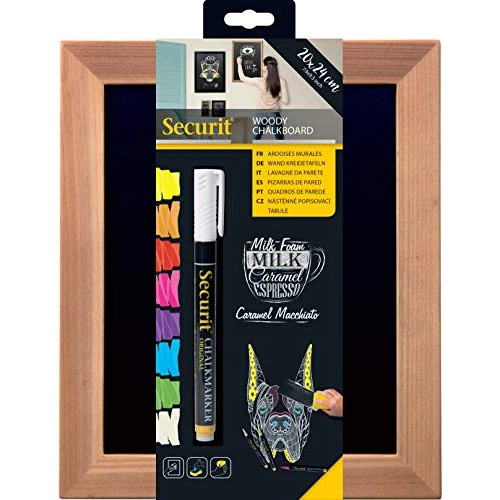 SECURIT - Lavagna da Parete Woody - Per Pennarelli a Gesso Liquido - Per Bar, Ristoranti, Pub, Negozi - Cornice in Legno Laccato - 1 Pennarello a Gesso Liquido Incluso - 20x24cm - Colore Teak