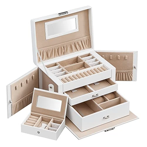 Oferta limitada: SONGMICS Caja Joyero de 3 Niveles, Navidad, Caja para Joyas con 2 Cajones, con Mini Caja Portátil para Viajar, con Asa, Cerradura, para Joyas, Idea de Regalo, PU Blanco Nube, Forro Beige Arena JBC121W de 49.99 EUR a 27.07 EUR (ahorro 46%)
