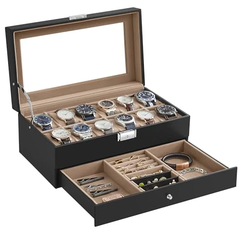 SONGMICS Uhrenbox mit 2 Ebenen, Uhrenkasten, 12 Fächer und 1 Schublade, Glasdeckel, Uhrenkoffer, für Ringe, Armbänder, Samtfutter in Beige, Pu-Bezug in Schwarz JWB012