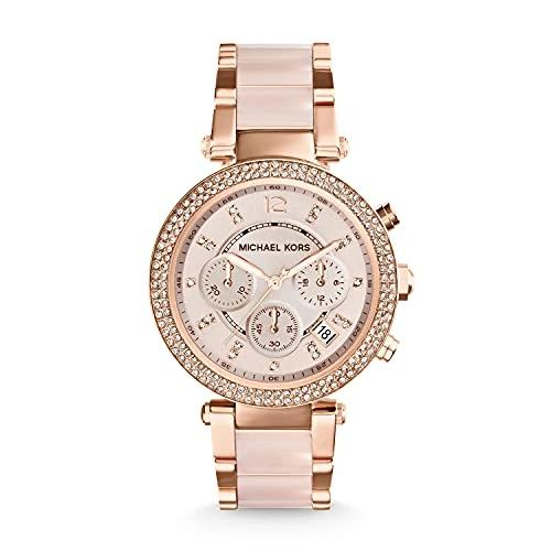 Offerta a tempo: Michael Kors Parker orologio al quarzo cronografo con cinturino in acciaio color oro rosa cinturino con maglie centrali in acetato blush da donna MK5896 - 54% da 329.00 € a 150.00 €