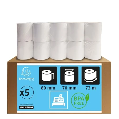 Tijdelijke aanbieding: Exacompta - Ref. 43706E - Set van 5 thermische rollen voor kassa's - breedte 80 mm x diameter 70 mm - kern 12 mm - 1 thermische vouw 48g/m² BPA-vrij - Lengte (+/- 2m) : 72 m - Wit van 13.11 € naar 13.11 € (0.00% korting)