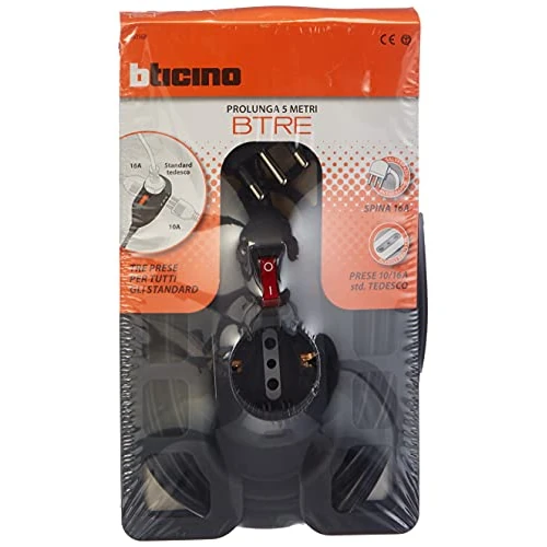 Bticino 3635GB Domestic Extension BTRE with 16A Plug, 2 Sockets Two, 10/16A P30, And USB Switch Light 5 Metres Long, Grey