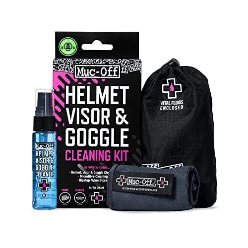 Muc-Off Kit de Limpieza de Casco, Visera y Gafas, Incluye 30 ml Antibacteriano, Aerosol de Limpieza Biodegradable y paño de Microfibra