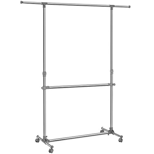 Offerta a tempo: SONGMICS Appendiabiti Attaccapanni Porta Abiti a rotelle con ruote in acciaio altezza larghezza regolabile Stand Stender 2 Aste, tubo rivestito di acciaio inox LLR401 - 27% da 29.99 € a 21.99 €