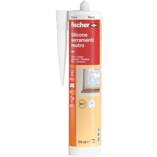 Offerta a tempo: Fischer SNF Silicone Sigillante Legno Bianco, Pavimenti e Finestre, Neutro a Basso Modulo, Elastico, per Serramenti, Porte, Infissi, Inodore, Esterno/Interno, 9379 - 48% da 9.90 € a 5.12 €
