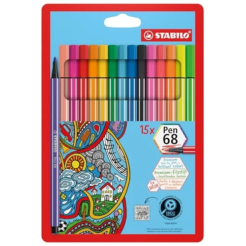 Rotulador premium STABILO Pen 68 - Estuche con 15 colores (5 neón)