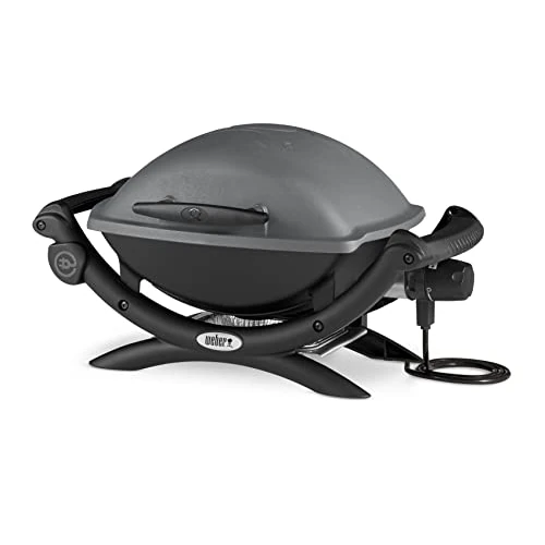 Weber Q1400 BBQ Elettrico, sup. cottura 43 x 32 cm, BBQ portatile, sup. cottura in ghisa smaltata divisa in 2, coperchio e corpo in alluminio pressofuso - Grigio scuro (52020053)