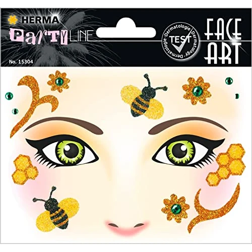 HERMA 15304 Face Art Sticker Bienen Blumen, dermatologisch getestet, ablösbare Glitzer Gesicht Aufkleber, temporäre Tattoos für Karneval Fasching Halloween Festival Kinder Geburtstag, gelb orange