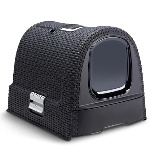 Keter Curver Lettiera per Gatto Chiusa, Finitura Effetto Rattan, Dotata di Cassetto Estraibile, Paletta Integrata e Filtro Antiodore, Colore Rattan, 51,5x38,5x40H cm