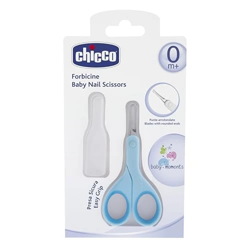 Chicco Forbicine Unghie per Neonati e Bambini, Forbicine in Acciaio Inox con Lame Ricurve e Punte Arrotondate, Cappuccio Protettivo, Impugnatura in Gomma Antiscivolo - Neonato 0+ Mesi, Azzurro