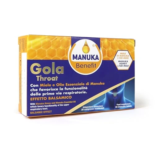 Gola Voce, con Miele e Olio essenziale di Manuka, favorisce la funzionalità delle prime vie respiratorie 20 Compresse masticabili Manuka Benefit