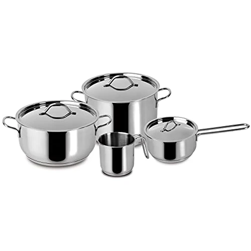 Lagostina Every Stainless Steel Cookware Set, 7-Piece Set, Two-Handle Saucepan 18 cm, Deep Casserole 22 cm, Milk Pan 12 cm, Deep Casserole 14 cm Long Handle and Lids 14.18 and 22 cm