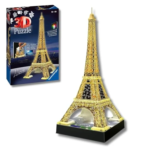 Ravensburger - Puzzle 3D Building - Tour Eiffel illuminée - A partir de 10 Ans - 216 pièces numérotées à Assembler sans Colle - Accessoires de Finition Inclus - 12579