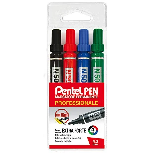 Pentel Pen N50 Marcador permanente punta cónica bolsillo 4 unidades colores surtidos (negro, rojo, azul, verde)