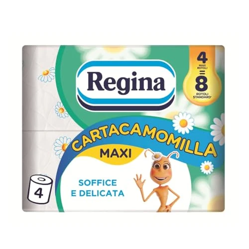 Offerta a tempo: Regina Cartacamomilla - 4 Rotoli di Carta Igienica, 300 Soffici Fogli a 3 Veli, Delicata e Consistente, Profumo di Camomilla, Confezione in Carta Riciclabile, 100% Certificata FSC - 27% da 4.59 € a 3.33 €