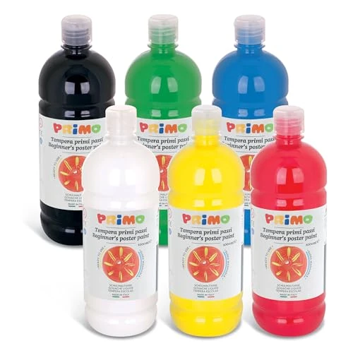 Offerta a tempo: PRIMO - Tempere Lavabili per Bambini, 6 Colori per Bambini +3 Anni da 1L con Dosatore, Colori a Tempera per Dipingere Carta Stoffa Vetro, Pittura, Cartoleria, Lavoretti Creativi e Materiale Scolastico - 26% da 22.98 € a 17.09 €