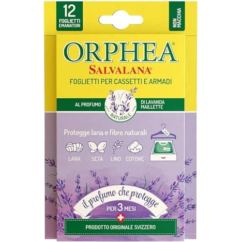 Offerta a tempo: Orphea Salvalana, Foglietti per Cassetti e Armadi, Protegge Lana e Vestiti Tutta la Stagione, Profumo di Lavanda, 12 Foglietti Emanatori - 0.00% da 2.25 € a 2.25 €