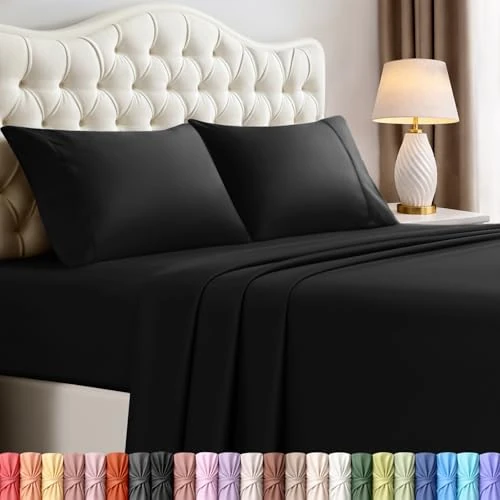 Offerta a tempo: Utopia Bedding Set di lenzuola per letto king size, 4 pezzi, in microfibra spazzolata, resistente al restringimento e allo sbiadimento, facile da pulire (king size, nero) - 33% da 35.79 € a 23.92 €