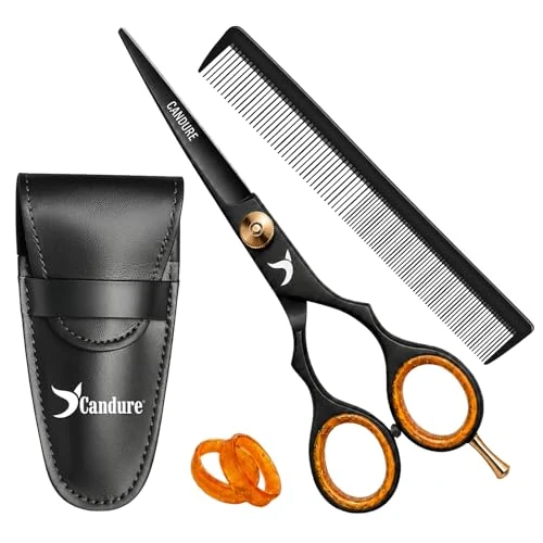Limited-time offer: Candure Hairdressing Scissor with Comb & Leather Pouch 6.5" - Hair Scissor for Professional Hairdressers, Barbers Stainless Steel Hair Cutting Shears for Salon, Men, Women, Children and Adults Black from 7.95 £ to 7.95 £ (save 0.00%)