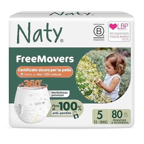 Oferta limitowana: Naty FreeMovers Pieluchomajtki | Dla Wrażliwej Skóry | Miękkie, Bezzapachowe, do Nocnikowania | Chłonne i Przeciekoodporne | Niemowlęta i Dzieci | Rozmiar 5 (12–18 kg), 80 szt. z 136.93 zł na 136.93 zł (oszczędź 0.00%)
