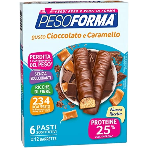 Offerta a tempo: PESOFORMA BARRETTE CIOCCOLATO E CARAMELLO, Pasto Sostitutivo Proteico, Barrette per il Controllo del Peso, Barrette Proteiche per Restare in Forma, Solo 234 calorie, 12x31g - 32% da 12.40 € a 8.49 €