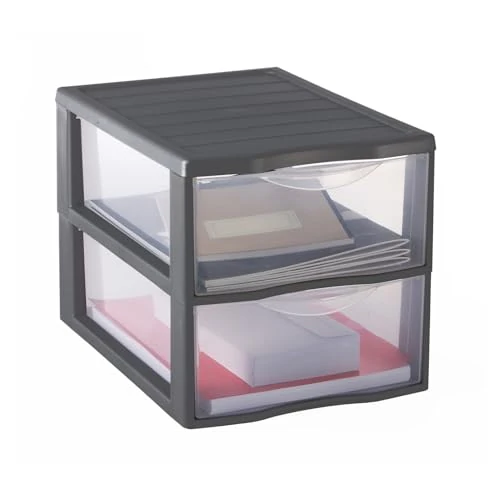 SUNDIS Orgamix, plastikowy komoda do przechowywania, 2 przezroczyste szuflady A4, wysokość 25,5 cm, możliwość sztaplowania, idealna do przechowywania biurowego, lekcji, dokumentów