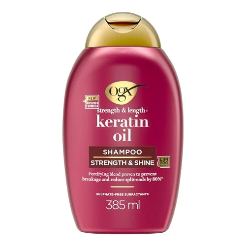 OGX Keratin Oil Shampoo (385 ml), kräftigendes Anti-Haarbruch verhindert nachweislich Haarbruch und reduziert Spliss um bis zu 80%, Haarpflege mit Keratin Öl für strapaziertes Haar