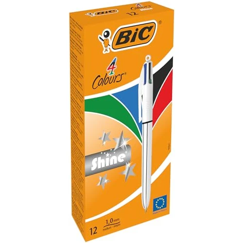 Offerta a tempo: BIC 4Colori Shine, Penne a Sfera a Scatto Multicolore, Punta Media 1mm, Inchiostri classici, Fusto Argento Metallizzato, 12 Unità, Cancelleria Scuola e Ufficio - 7% da 24.62 € a 22.79 €