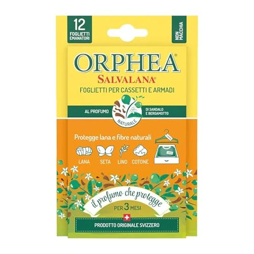 Offerta a tempo: Orphea Salvalana, Foglietti per Cassetti e Armadi, per Lana e Vestiti Tutta la Stagione, Profumo di Sandalo e bergamotto, 12 Foglietti Emanatori - 26% da 3.49 € a 2.57 €