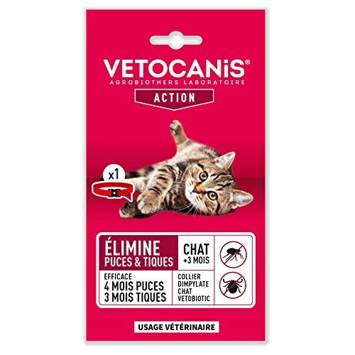 VETOCANIS COLLIER DIMPYLATE VETOBIOTIC| 4 Mois et Anti-Tiques 3 Mois Chat>3 Mois|Élimine les Puces Traitement à Usage Vétérinaire pour Chat|Couleur Rouge