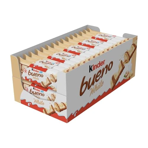 Offerta a tempo: Kinder Bueno White, 60 Snack al Cioccolato Bianco e Nocciole, un Wafer Ripieno di Crema alle Nocciole Ricoperto da Cioccolato Bianco e Granella Meringata al Cacao, Pacco 30 Confezioni - 34% da 26.90 € a 17.85 €