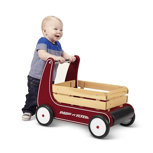 Radio Flyer Walker Wagon, Chariot de Marche à Pousser et à Tirer, Jouet Assis et Debout pour Tout-Petits, Chariot Rouge en Bois, de 1 à 4 Ans