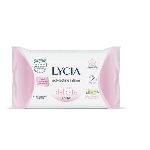 Lycia, Salviettine Intime Delicate con Azione Anti-Odore, Eco Tessuto Gettabile nel WC, Formula con Estratto di Camomilla, Clinicamente Testate e Adatte ai Bambini, pH 4.5, 12 pezzi