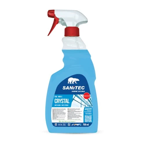 Offerta a tempo: Sanitec, Crystal Anti Alone, Detergente Multiuso Profumato, Soluzione Ideale per Detergere e Rendere Brillanti Vetri e Specchi e superfici Senza Lasciare Aloni, 100% Made in Italy, Flacone da 750 ml - 73% da 8.90 € a 2.38 €