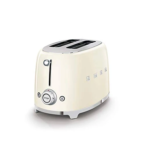 Smeg, Grille-pain 2 Tranches TSF01CREU, 2 Fentes 36 mm, 6 Niveaux de Brunissage, Fonction Chauffage, Décongélation et Bagel, Éjection Automatique du Pain, Ramasse Miettes, 950 W, Crème