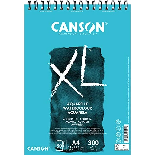 Canson XL Aquarelle album per tecniche umide, spiralato lato corto 300g/m, grana fine A4, 30 fogli