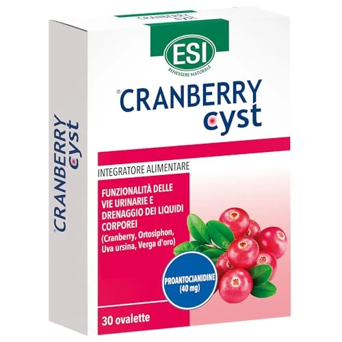 ESI - Cranberry Cyst, Integratore Alimentare con Uva Ursina, Utile per la Funzionalità delle Vie Urinarie e il Drenaggio dei Liquidi Corporei, Senza Glutine e Vegano, 30 Ovalette