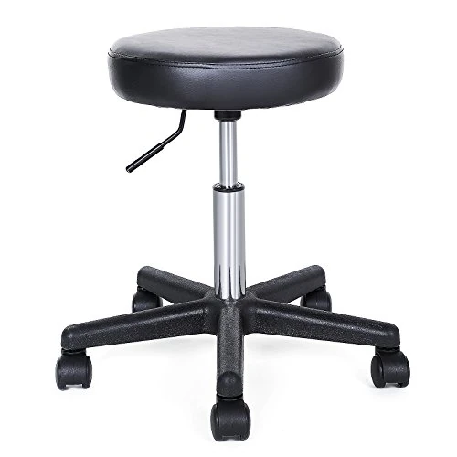 SONGMICS Krzesło Obrotowe na Kółkach, Krzesło o Regulowanej Wysokości 46-58 Cm, z Siedziskiem Obitym Sztuczną Skórą, Krzesło Robocze do Salonów Kosmetycznych, Fryzjerskich, Biur, Czarne