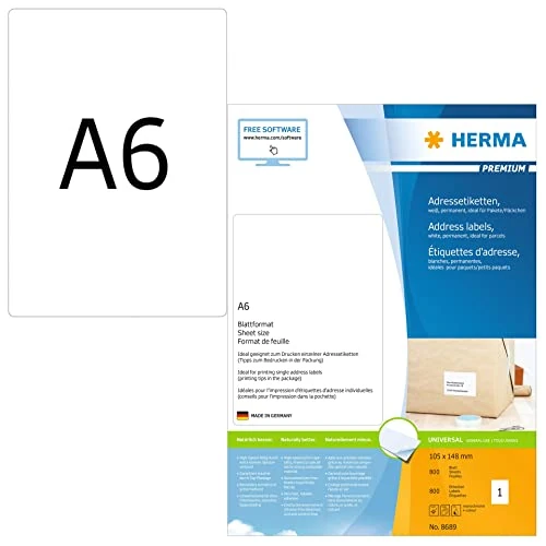 Limited-time offer: HERMA Self Adhesive Parcel Shipping Labels, 1 Label Per A4 Sheet, 800 Labels For Laser And Inkjet Printers, 105 x 148 mm (8689), White from 49.49 £ to 49.49 £ (save 0.00%)