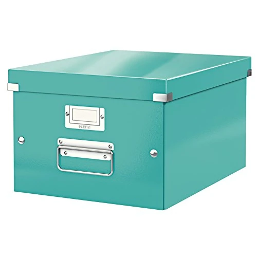Leitz 60440051 - Caja de Almacenaje Mediana Click & Store WOW, 85% Cartón Reciclado, A4, Asas Metálicas, Portaetiquetas, Plegable, Volumen 16 Litros, Color Turquesa, 281 x 200 x 370 mm, Apilable