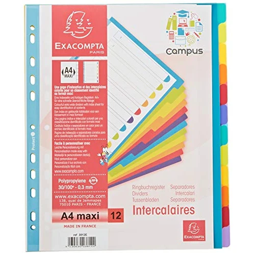 Exacompta - 3812E - Separadores Semiopacos de Polipropileno Rígido con 12 Lengüetas Campus Neutral - Página de Indización Imprimible - Formato de Archivo A4 Maxi - Colores Translúcidos