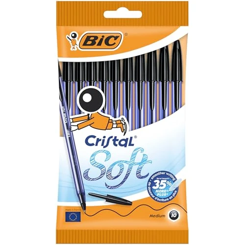 BIC Cristal Soft bolígrafos punta media (1,2 mm) - Negro, Blíster de 10 unidades