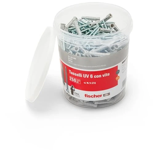 fischer Taco de Nailon S, el Cubo Incluye Tacos universales UV 6 y 250 Tornillos, Ideal para Ladrillos macizos y Perforados, 531386, Gris
