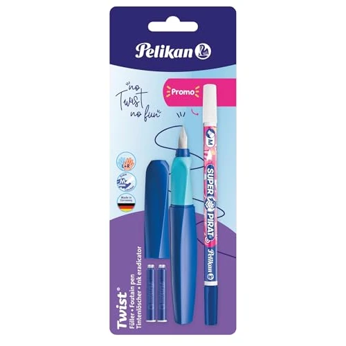 Offerta a tempo: Pelikan Twist in Colori Assortiti, Penna Stilografica Ergonomica, per Destrimani e Mancini, per Scuola e Ufficio, Pennino M in Acciaio Inossidabile, 2 Cartucce Blu e Cancellino Inclusi. Ricaricabile - 4% da 13.49 € a 12.90 €