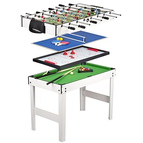 Leomark Table 4 Jeux en 1 – Babyfoot, Billard, Air Hockey et Ping-Pong – Jeu Familial Solide avec Accessoires – Dim: 118x61x82 cm Multijeux Robuste