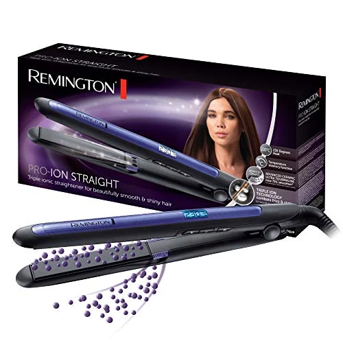 Remington Plancha Pelo tecnología iónica triple: menos encrespamiento y electricidad estática Pro-Ion cerámica con turmalina ultra, pantalla LCD, 150-230 °C, función de temperatura turbo S7710