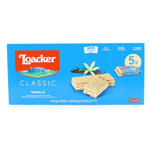 Offerta a tempo: Loacker - Classic Vanille - Wafer Classico con 3 Strati di Cialde Farcite con Crema alla Vaniglia di Vere Bacche di Vaniglia Bourbon - Merenda e Snack - Confezione da 5 Pezzi da 45 g - 21% da 4.19 € a 3.29 €