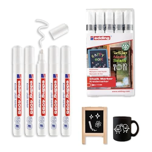 Offerta a tempo: Edding 4095 Marcatore a Gesso Liquido, Bianco, 5 Pennarelli, Punta a Scalpello 2-3 Mm, Punta Larga per Lavagne, Finestre, Vetri, Specchi, per Una Copertura Opaca - 9% da 22.19 € a 20.19 €