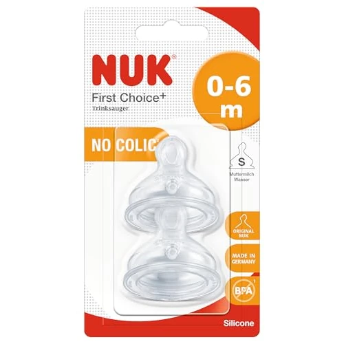NUK First Choice+ Pezón de silicona con orificio de alimentación pequeño (paquete de 2), 0-6 meses